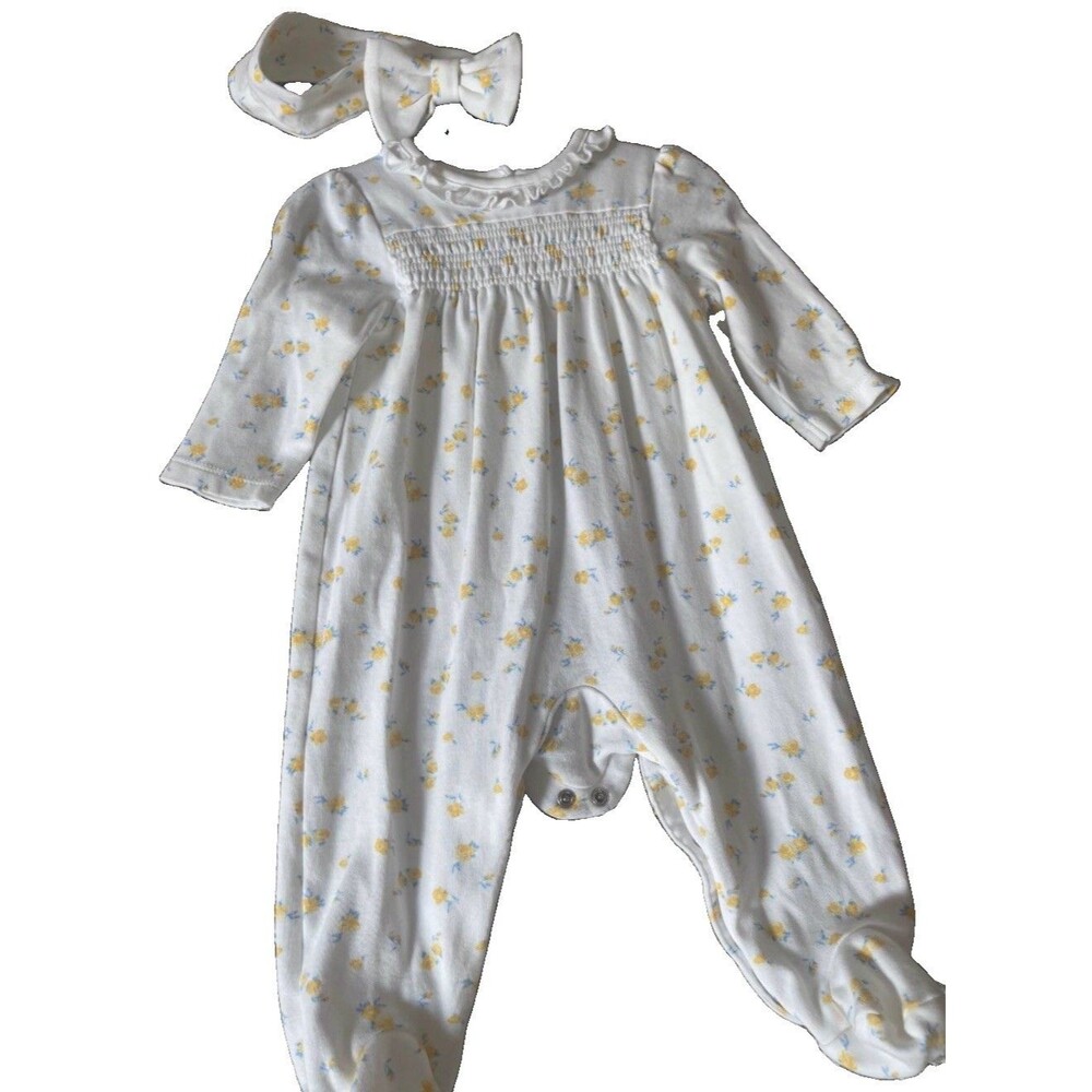 Little Me White Floral Footed Snap Coverall One-Piece 6-9 Months Smocked Bow